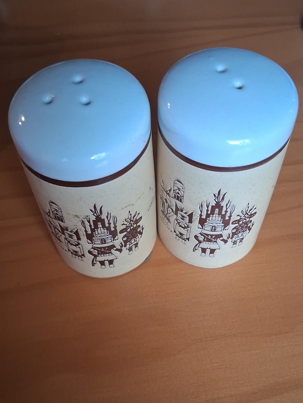 Vintage Salt and Pepper Shakers Blue Cream Tribal Motif